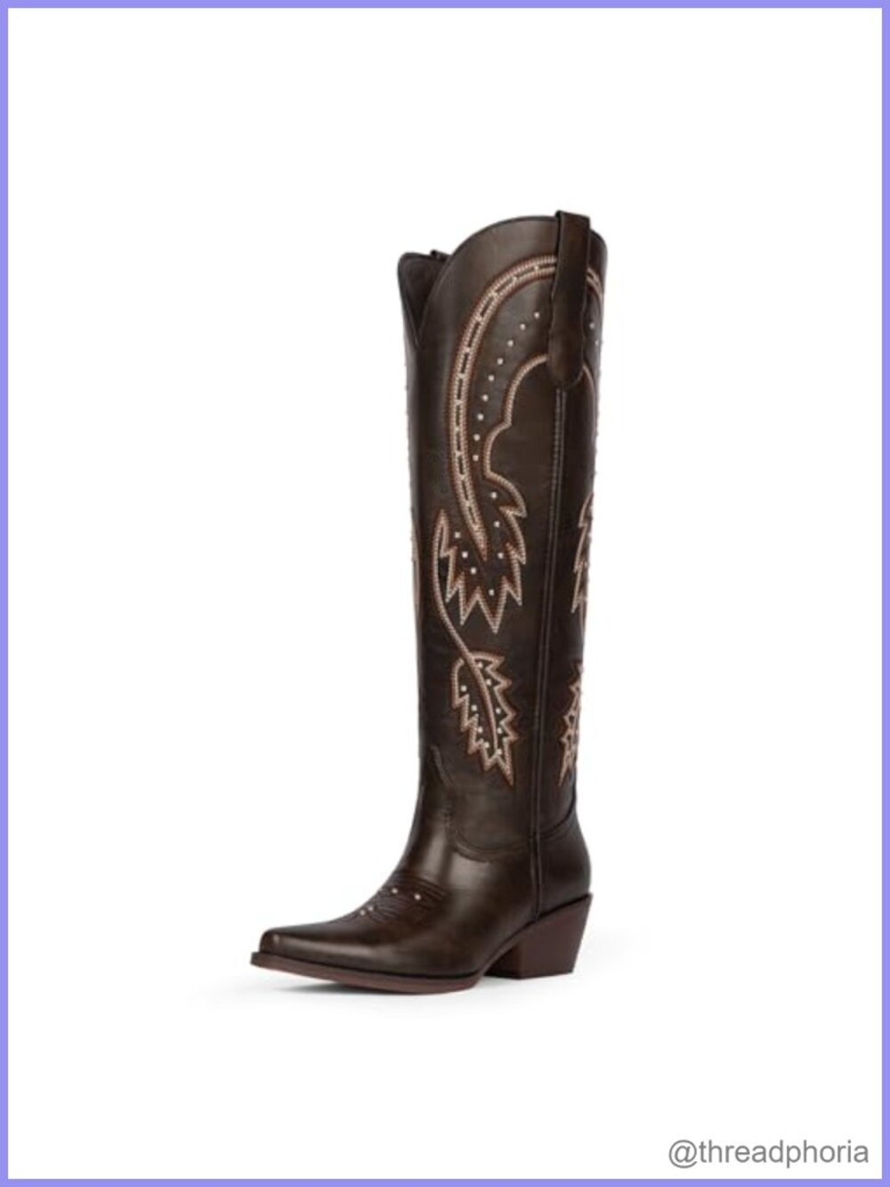 Rhinestone Cowboy Boots Knee High Pointed Toe Slip On Chunky Heel Faux Leather